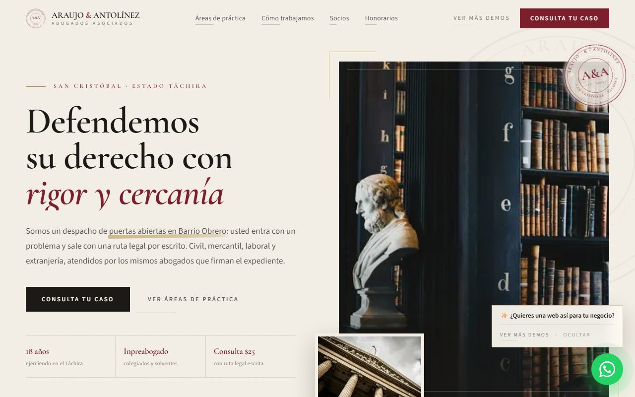 Diseño de página web para abogados — captura del demo de muestra Araujo & Antolínez