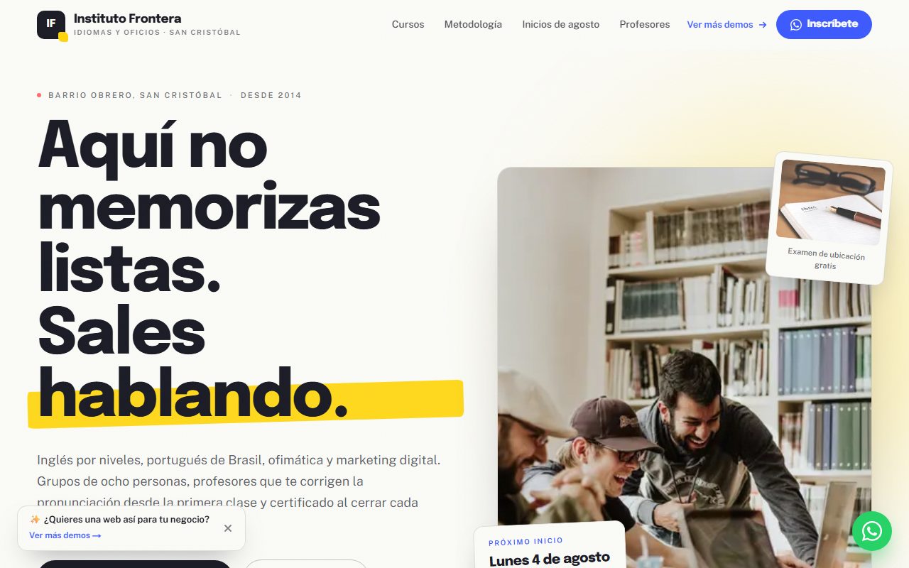 Diseño de página web para academias y cursos — captura del demo de muestra Instituto Frontera