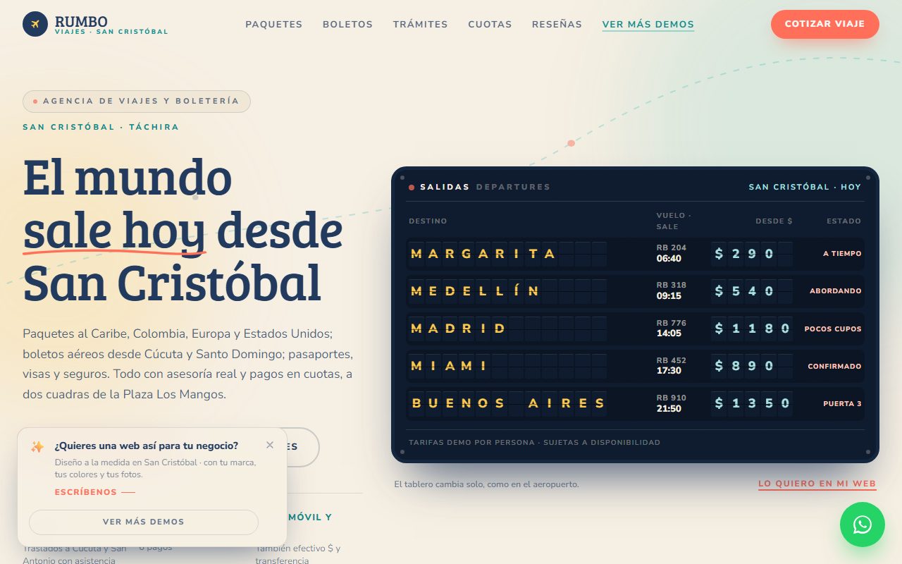 Diseño de página web para agencia de viajes — captura del demo de muestra RUMBO
