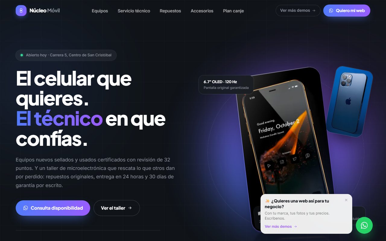 Diseño de página web para celulares y servicio técnico — captura del demo de muestra Núcleo Móvil