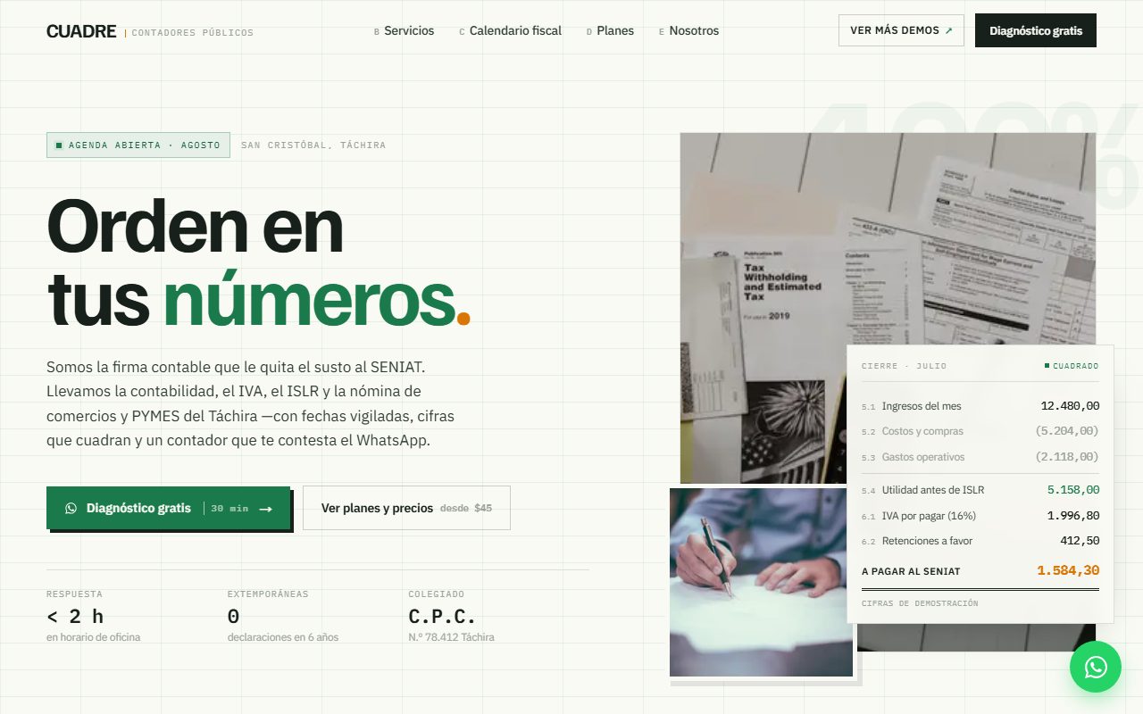Diseño de página web para contadores — captura del demo de muestra CUADRE