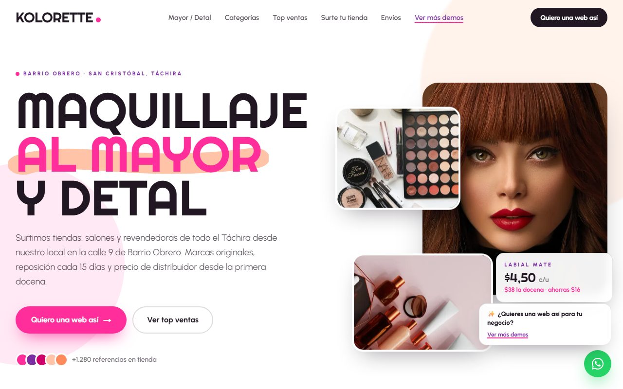 Diseño de página web para cosméticos — captura del demo de muestra KOLORETTE