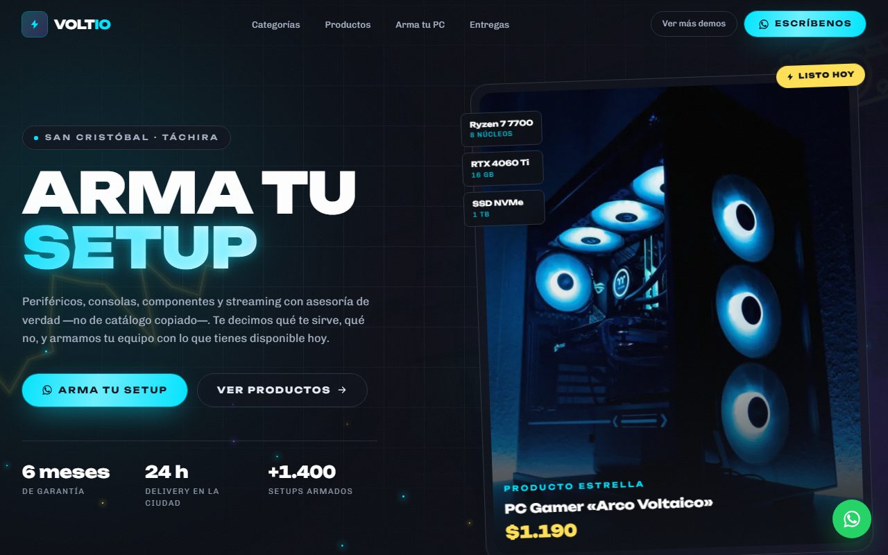 Diseño de página web para electrónica y gaming — captura del demo de muestra Voltio