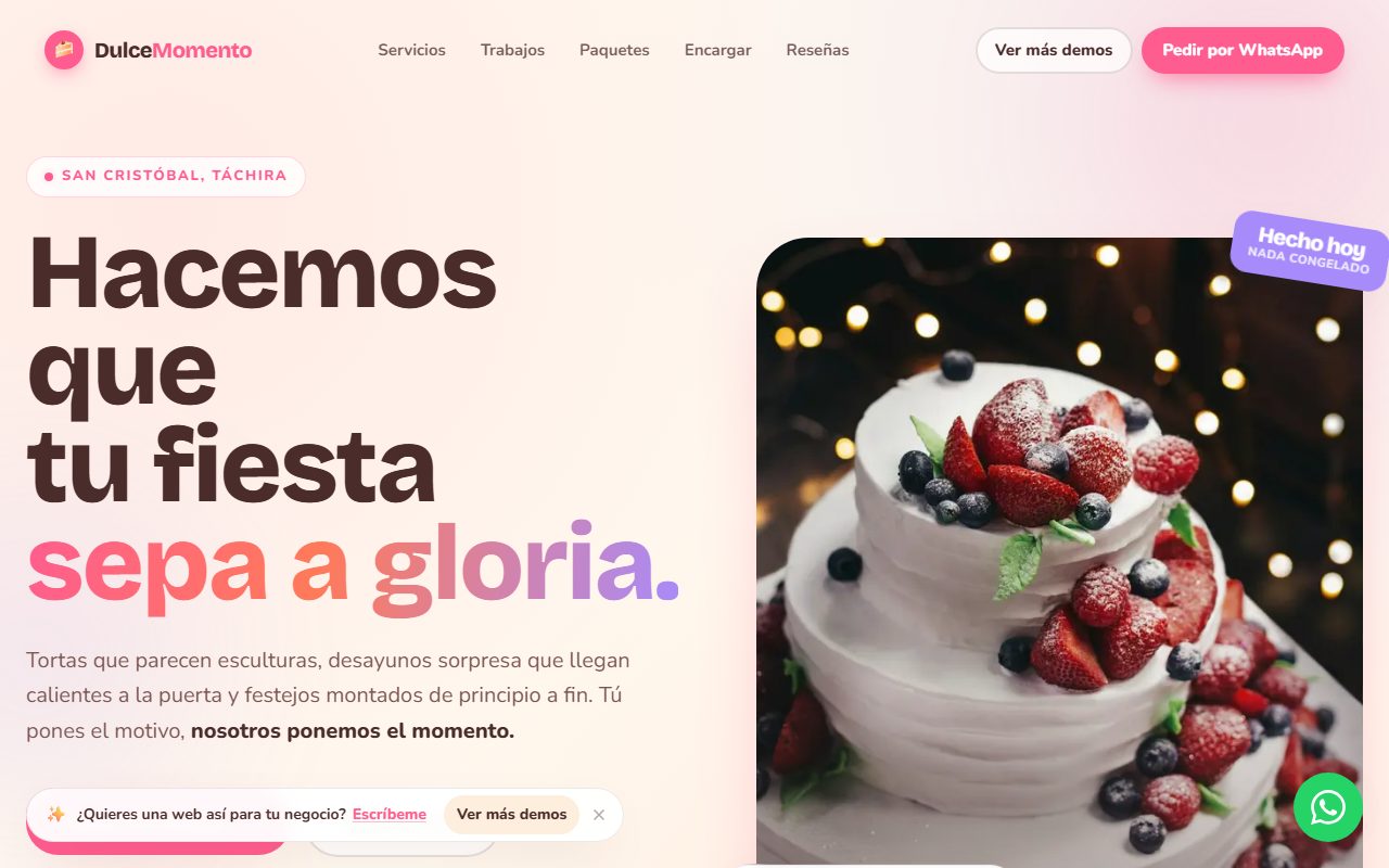 Diseño de página web para festejos y tortas — captura del demo de muestra Dulce Momento
