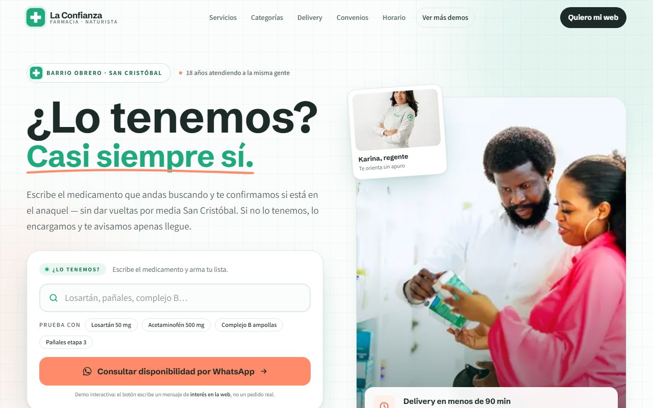 Diseño de página web para farmacia — captura del demo de muestra La Confianza