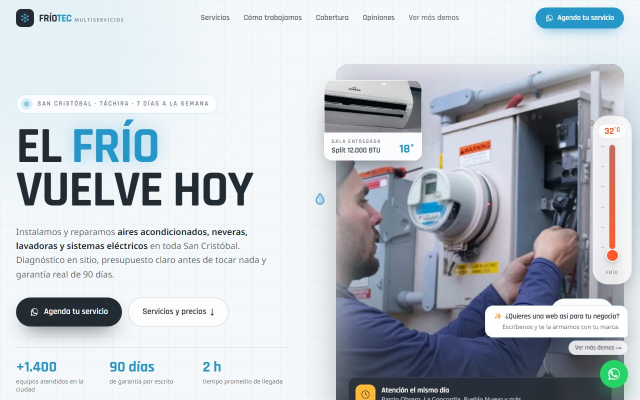 Diseño de página web para aires y refrigeración — captura del demo de muestra FRÍOTEC