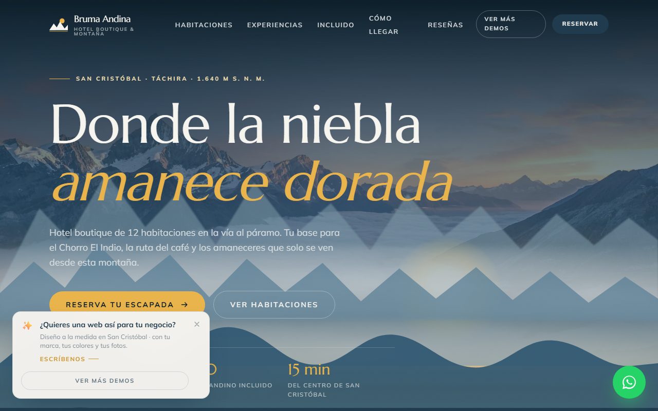 Diseño de página web para hotel y hospedaje — captura del demo de muestra Bruma Andina