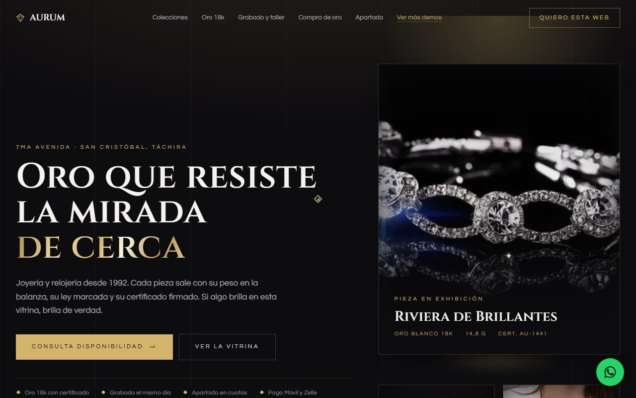 Diseño de página web para joyería — captura del demo de muestra AURUM