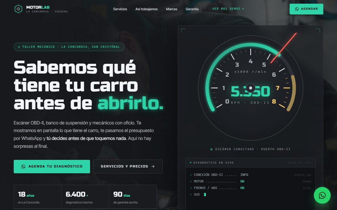 Diseño de página web para taller mecánico — captura del demo de muestra MotorLab