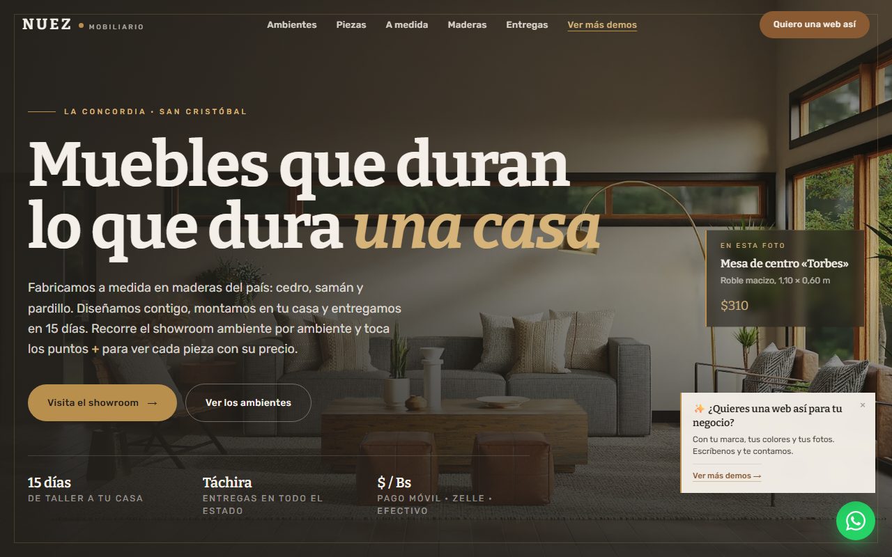 Diseño de página web para muebles y decoración — captura del demo de muestra NUEZ