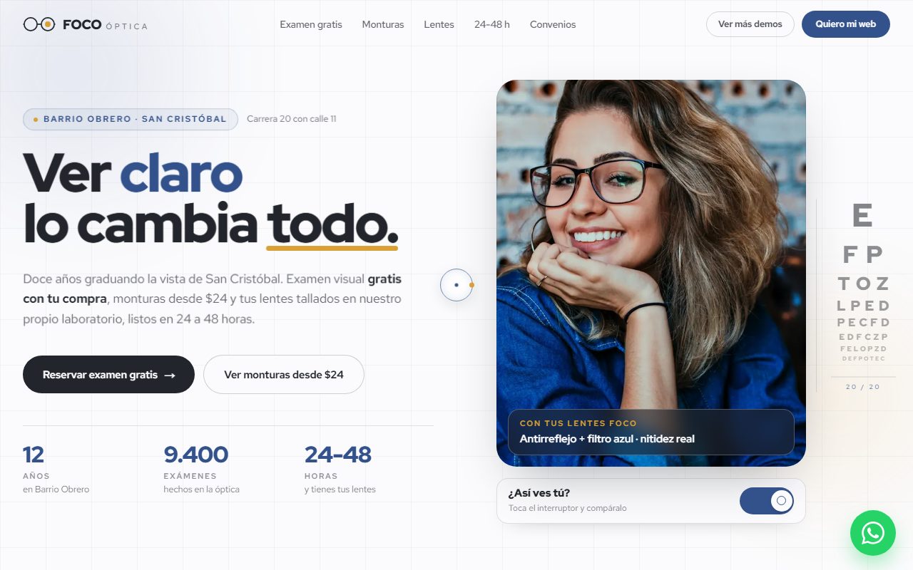 Diseño de página web para óptica — captura del demo de muestra FOCO