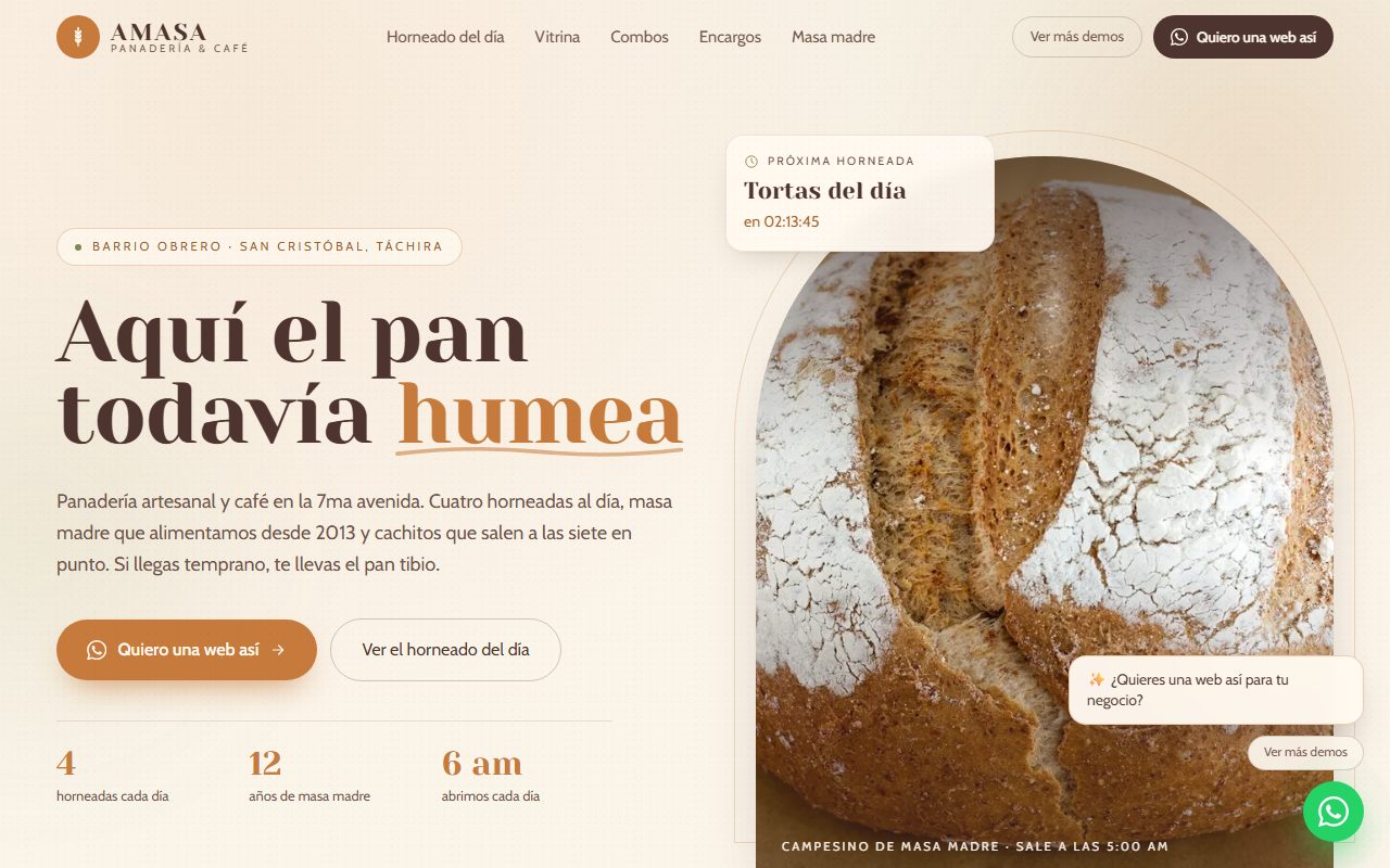 Diseño de página web para panadería y café — captura del demo de muestra AMASA