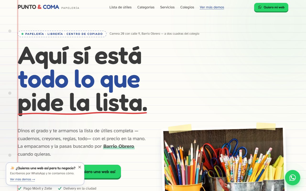 Diseño de página web para papelería y librería — captura del demo de muestra PUNTO & COMA