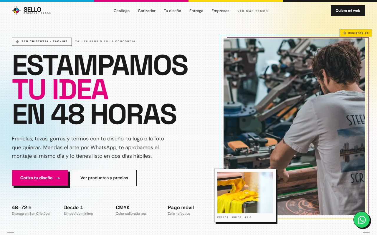 Diseño de página web para personalizados y sublimación — captura del demo de muestra SELLO