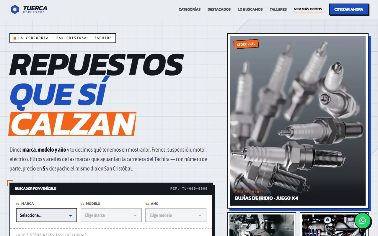 Diseño de página web para repuestos y autopartes — captura del demo de muestra TUERCA