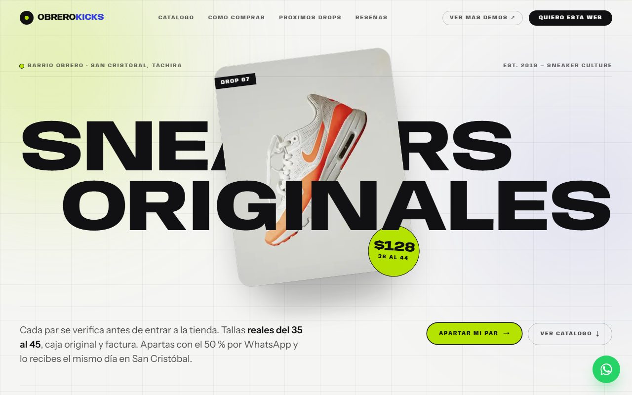 Diseño de página web para sneakers y calzado — captura del demo de muestra OBRERO KICKS