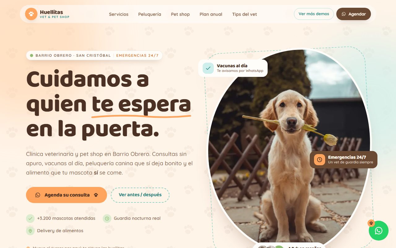 Diseño de página web para veterinaria y pet shop — captura del demo de muestra Huellitas